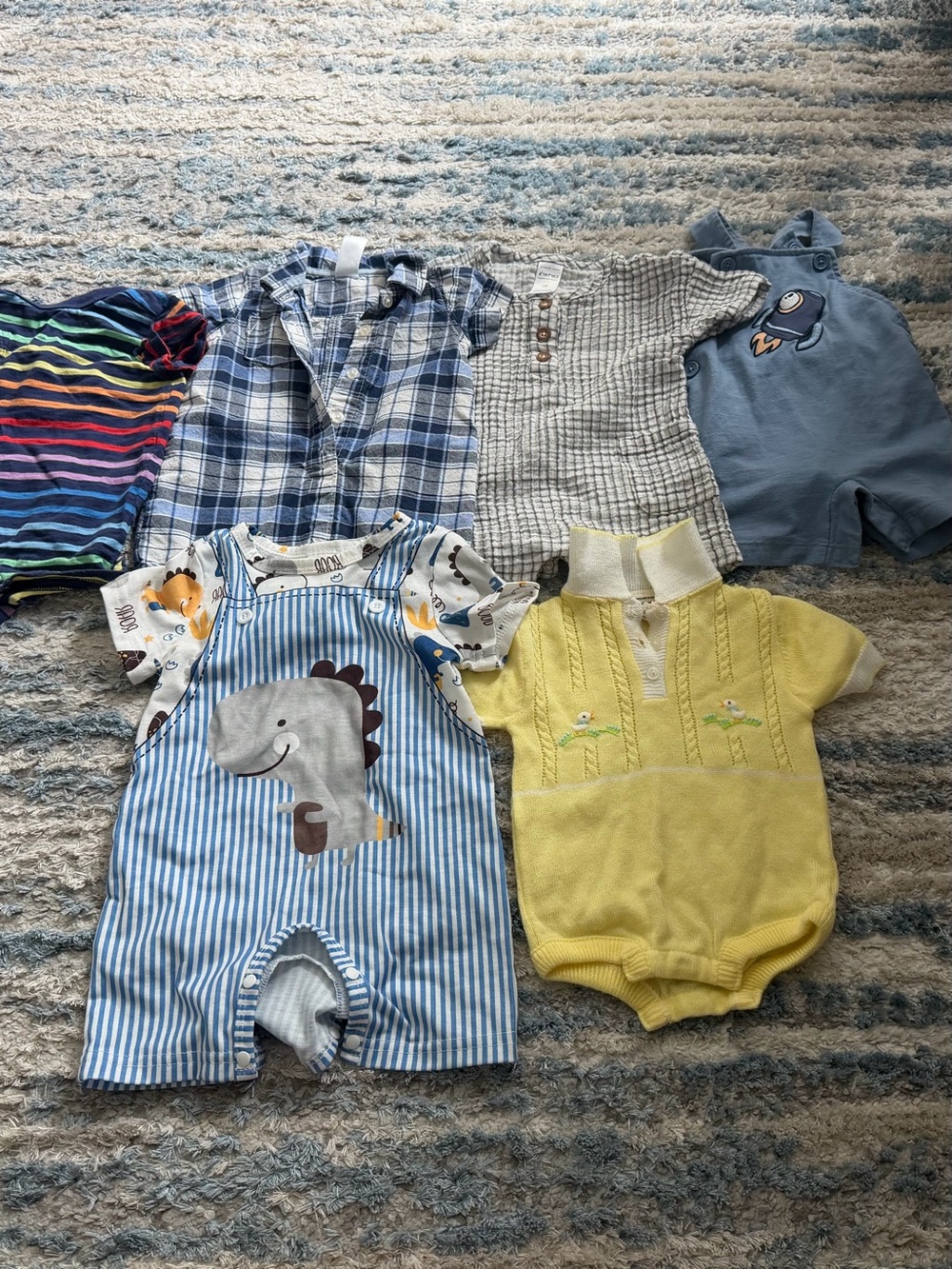 Cute Baby Romper Bundle with Dino Stripe Overalls and Yellow Knit